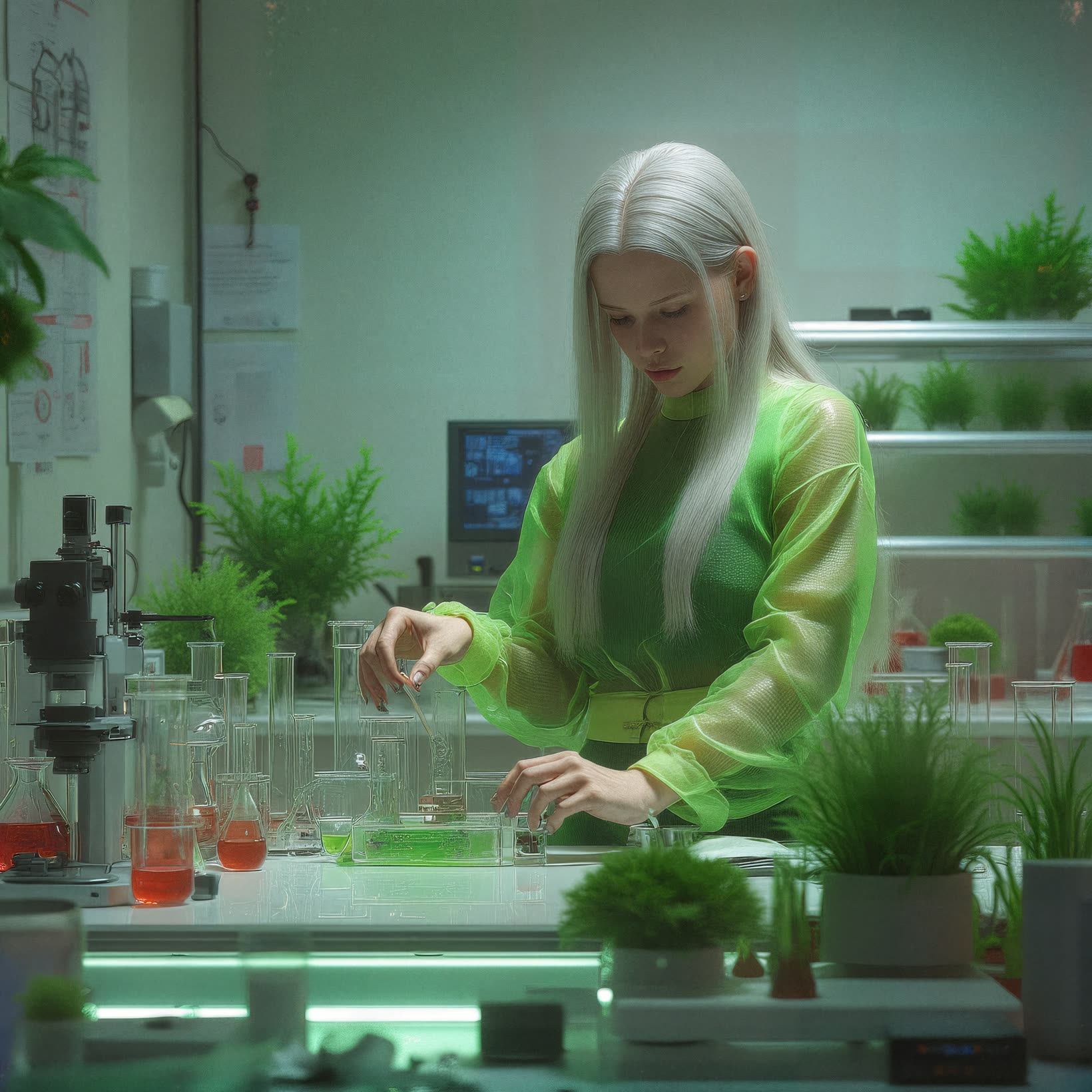 The Designer, a projected figure in a green Polyflora top, working in a plant lab