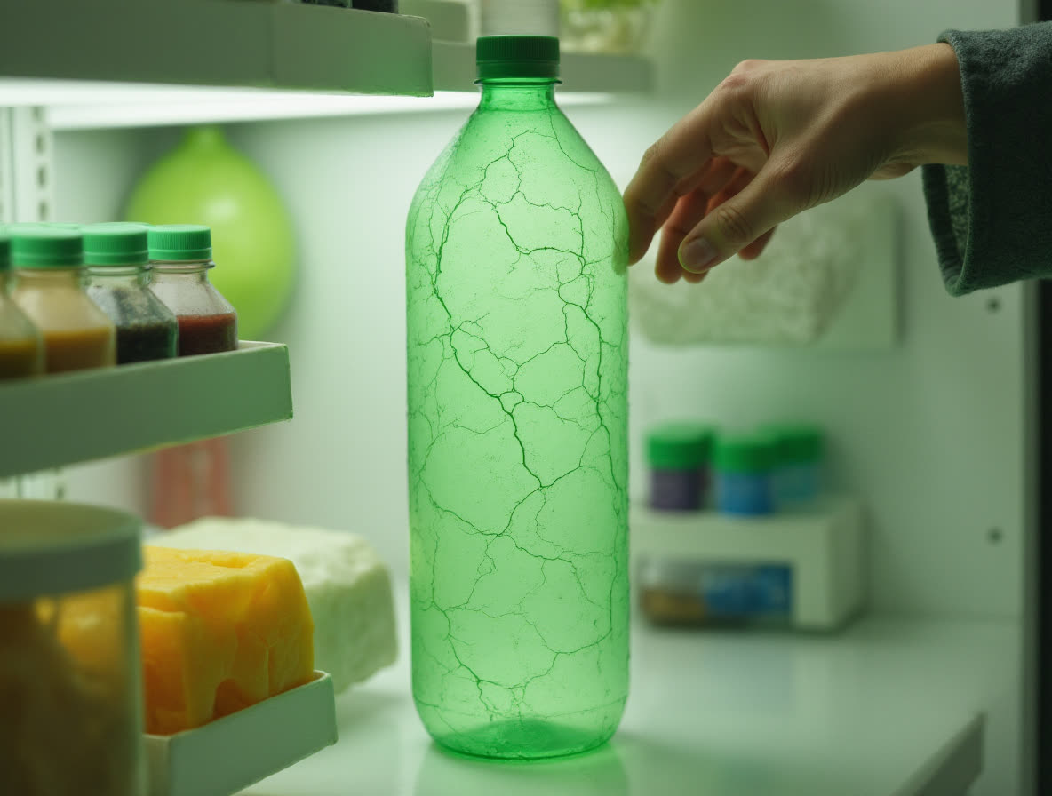 A hand taking a Polyflora bottle from a fridge