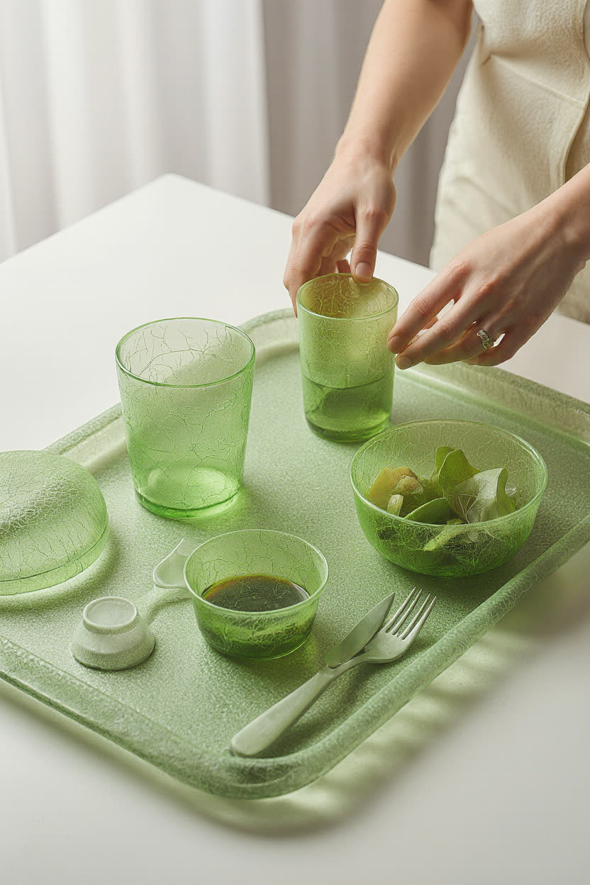 A serving tray, glasses and bowls in green Polyflora